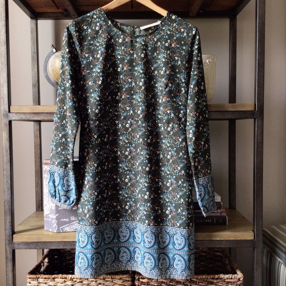 Abercrombie & Fitch Olive Green Floral Paisley Shift Dress